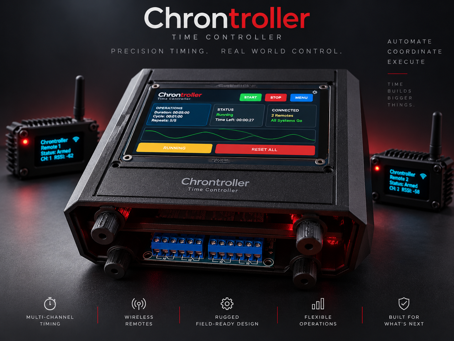Chrontroller touchscreen time controller with two wireless remote timers, a black enclosure, and red accent lighting.